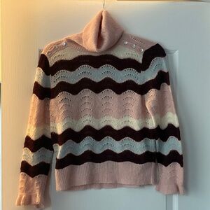 LoveShackFancy Pink & Burgundy Wave Pattern Turtleneck Sweater. EUC Alpaca/wool